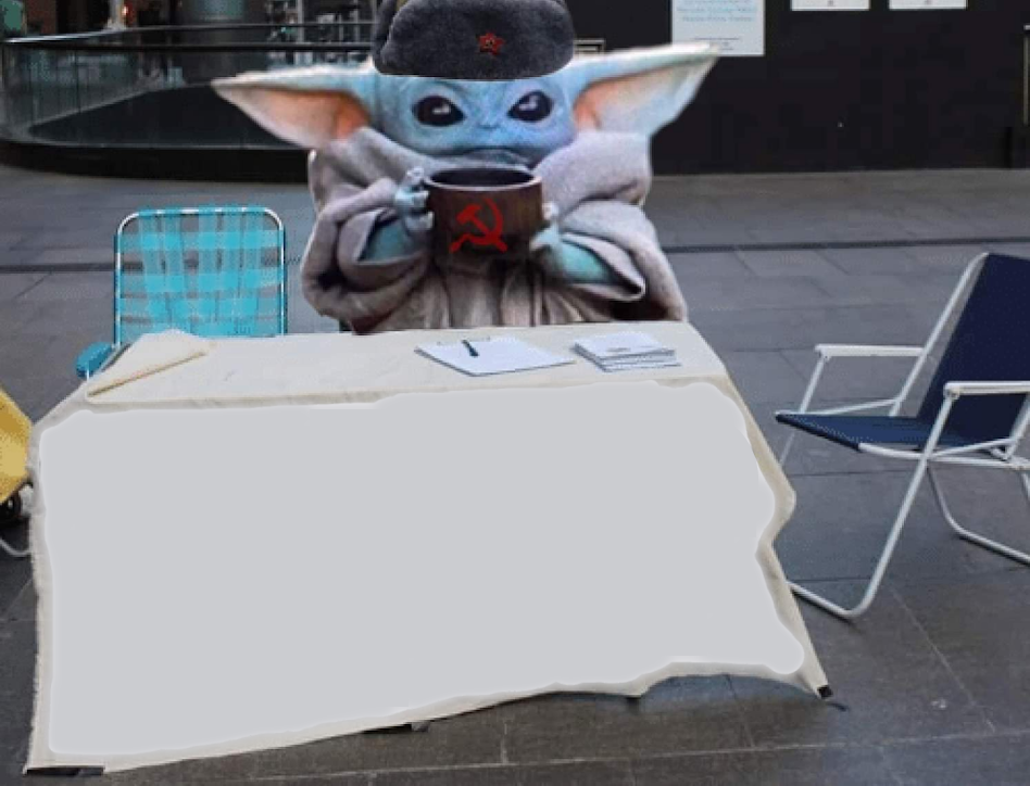 The meme features an image of the character Baby Yoda from the Star Wars franchise sitting at a desk with a sign that reads "I am a child, but I will destroy your planet." The image is a humorous take on the character's innocence and the threat of destruction implied by the sign.